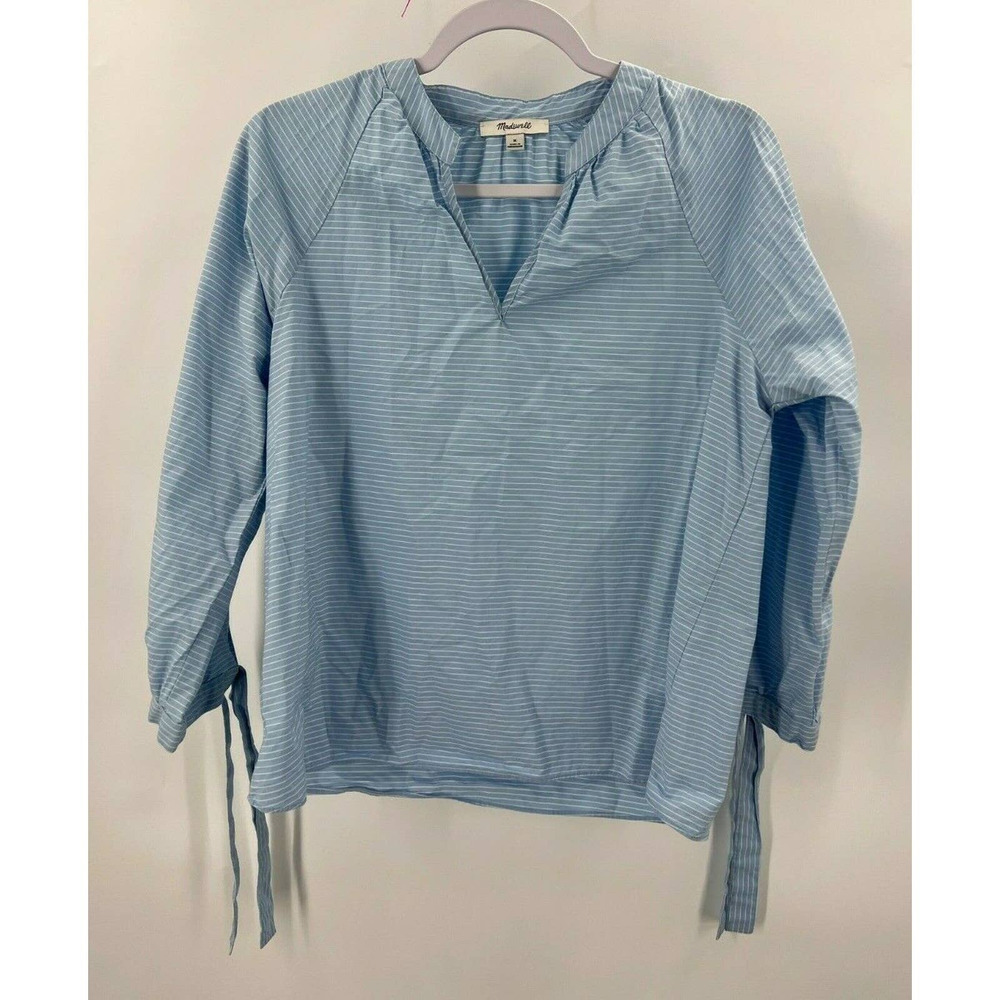 Madewell Light Blue and White Striped Popover Top with Tie Sleeves